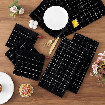 Kitchen Towels and Dishcloths Set, Set of 8, Black | Bulk Cotton Terry Kitchen Towels, Checkered Designed, Soft and Super Absorbent Dish Towels, 12 X 12 and 13 X 28 Inches2