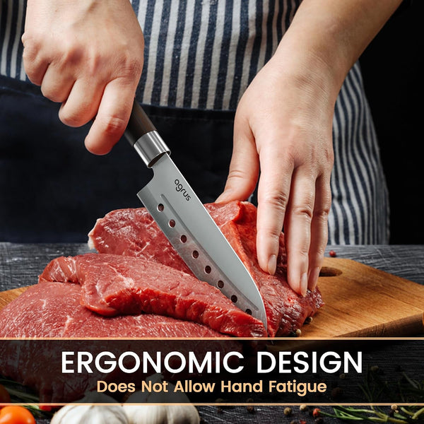 Santoku Knife - Santoku Chef Knife with Plastic Grip - 7 Inch Japanese Santoku Knife - Versatile Knife for Chopping, Slicing, Mincing - Steel Blade with Holes - Cuts Meat, Fish, Vegetables3