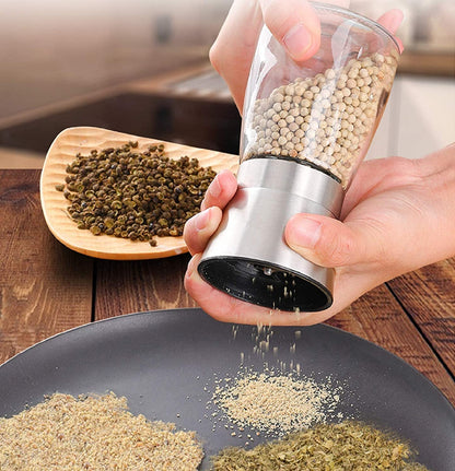 Salt and Pepper Grinder Set with Wooden Standing Tray, Refillable Pepper Mill Set - Brushed Stainless Steel - Short Glass Shakers with Adjustable Coarseness for Peppercorn, Salt or Spice Mills2