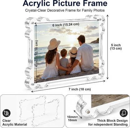 Acrylic Picture Frame, 4X6 Magnetic Picture Frames Double Sided,10+10Mm Thick Block, Clear Photo Scalloped Frames Freestanding,Frameless Freestanding Picture Frames Gift for Desktop Display2