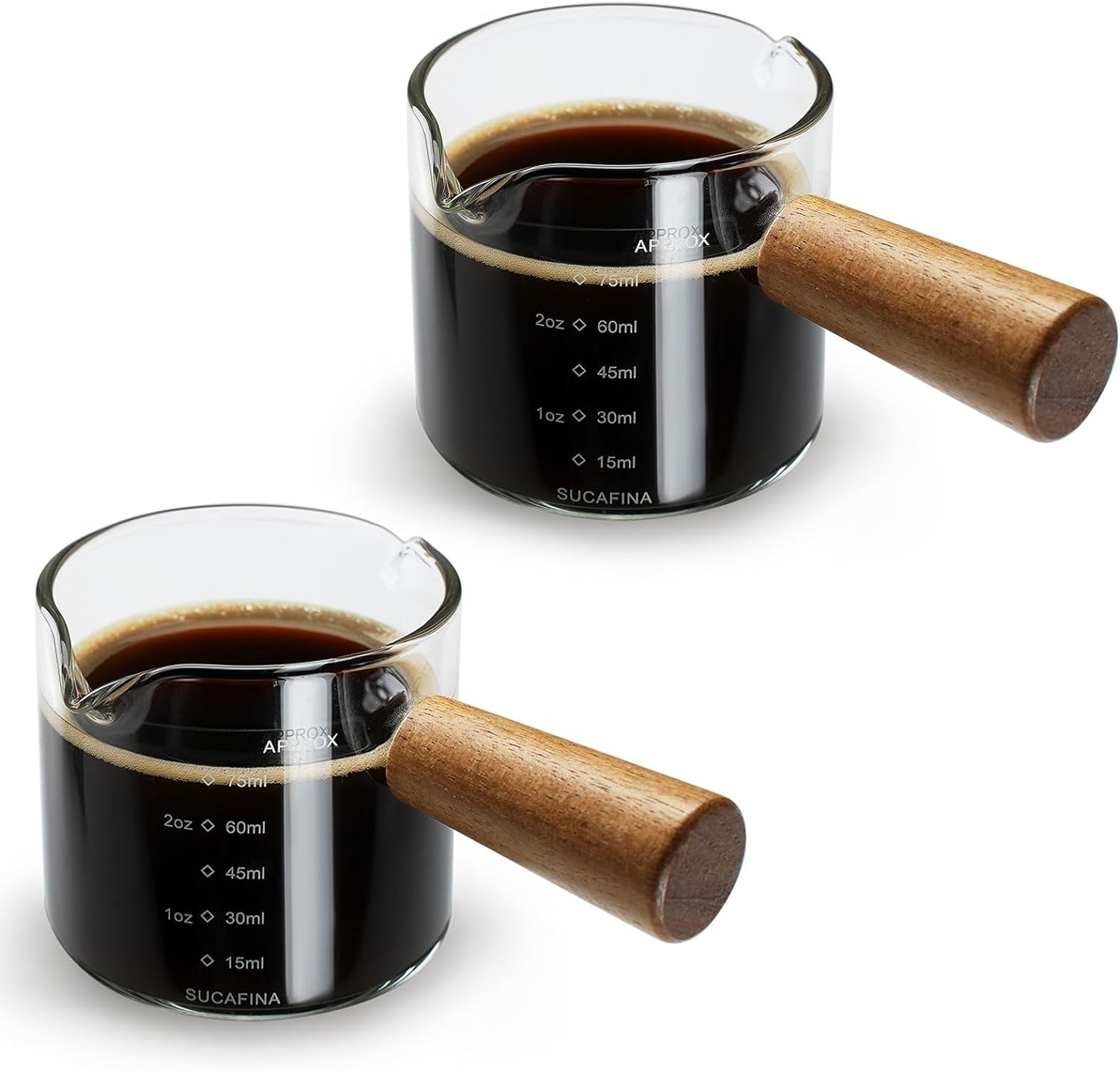 2-pack-espresso-cups-with-wood-handle-75ml-double-spout-glass-measuring-cup-with-dual-scale-espresso-shot-with-v-shaped-mouth-clear-glass-espresso-accessories-milk-frothing-pitcher