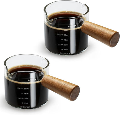 2 Pack Espresso Cups with Wood Handle, 75ML Double Spout Glass Measuring Cup with Dual Scale, Espresso Shot with V-Shaped Mouth, Clear Glass Espresso Accessories, Milk Frothing Pitcher1