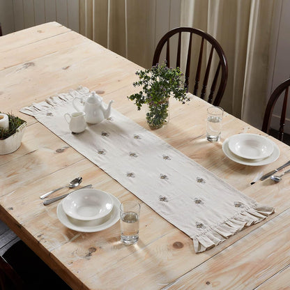 Embroidered Bee, Farmhouse Table Runner, Ruffled, Rectangle, Yellow Grey, 13X483