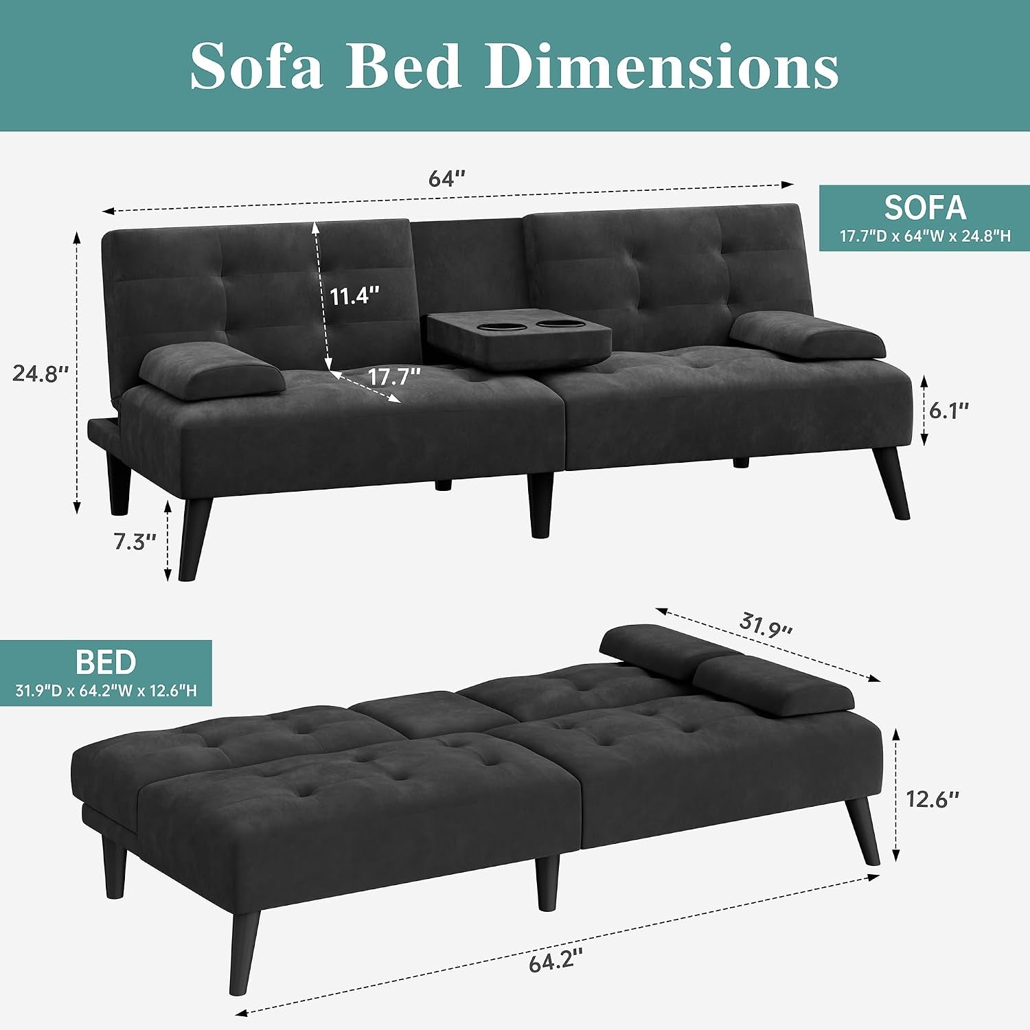 64-futon-sofa-bed-loveseat-2-cup-holders-black