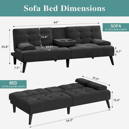 64" Futon Sofa Bed, Loveseat, 2 Cup Holders, Black2