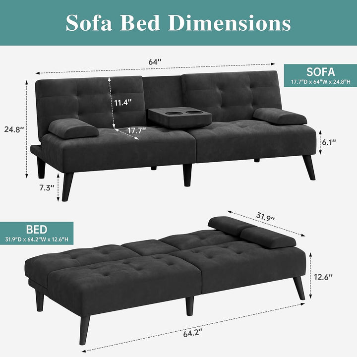 64" Futon Sofa Bed, Loveseat, 2 Cup Holders, Black+2