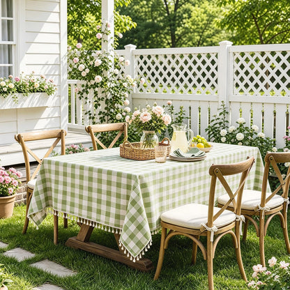 Spring Gingham Tablecloth Rectangle Cotton Linen Fabric Checkered Table Cloth with Tassel Washable Wrinkle Free Buffalo Plaid Table Cover for Outdoor Party Picnic Kitchen Dining, Green, 55X755