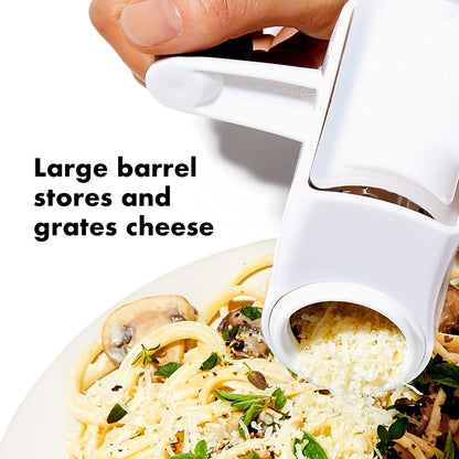 OXO Good Grips Rotary Cheese Grater with Hand Crank, White | Use for Hard Cheeses, Chocolates, Nuts, Stainless Steel Blades, Silicone Seal to Keep Cheese Fresh, Easy to Grate & Store3