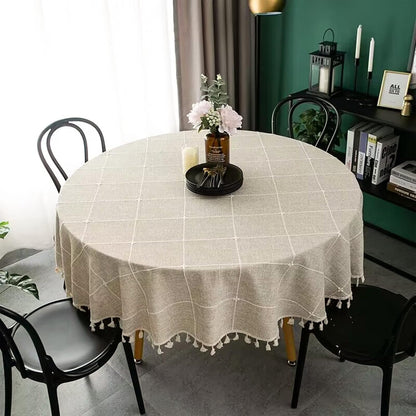 Round Tablecloth, Boho Plaid Tassel round Table Cloth, Heavy Weight Cotton Linen Table Cover for Kitchen Dining Farmhouse Party Tabletop Christmas Picnic Decoration (55Inch, Beige)7