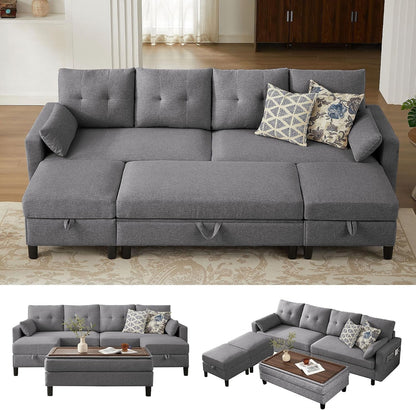 101" Convertible Sectional Sofa with Ottoman Coffee Table, Modern Linen Fabric U-Shaped Couch with Storage Pocket, 4 Seat Sofa Couches for Living Room, Apartment, Office, Lightgrey1