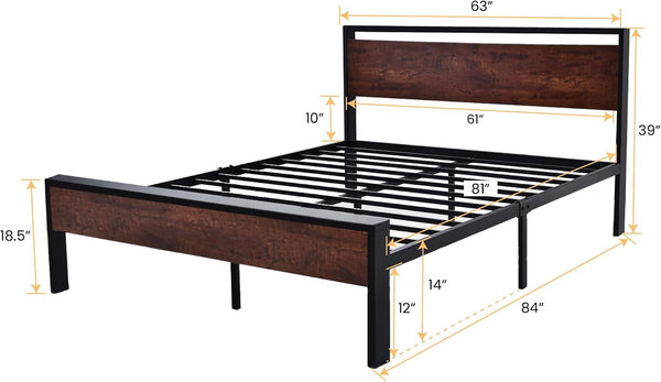 14 Inch Queen Size Metal Platform Bed Frame with Wooden Headboard and Footboard, Mattress Foundation, No Box Spring Needed, Large under Bed Storage, Non-Slip without Noise, Mahogany2