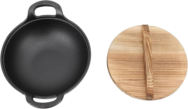 Cast Iron Wok with 2 Handle and Wooden Lid, Seasoned Cast Iron Wok Chinese Wok, Deep Frying Pan with Flat Base Uncoated for Stir Fry Grill Steam Authentic Asian Chinese Food (25Cm/9.8In)8