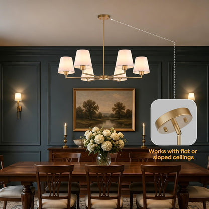 Brass Gold Chandeliers for Dining Room, 36" 6 Light No Assembly Required Antique Modern Gold Chandelier Light Fixture with White Fabric Shade, Classic Kitchen Pendant Lights over Table for Bedroom5