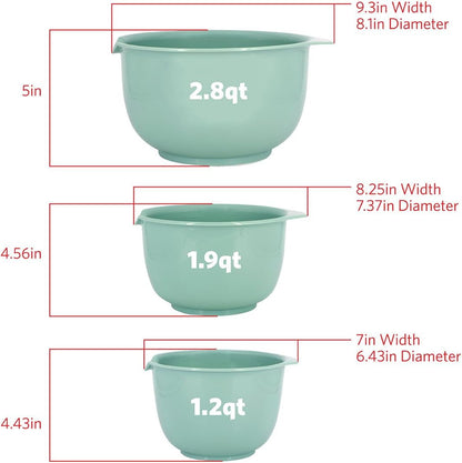 Mixing Bowls with Pour Spout, Set of 3 | Nesting Design Saves Space | Non-Slip, BPA Free, Dishwasher Safe Plastic | Kitchen Cooking and Baking Supplies, Sage Green3