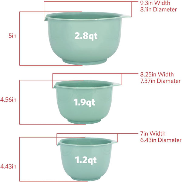 Mixing Bowls with Pour Spout, Set of 3 | Nesting Design Saves Space | Non-Slip, BPA Free, Dishwasher Safe Plastic | Kitchen Cooking and Baking Supplies, Sage Green3