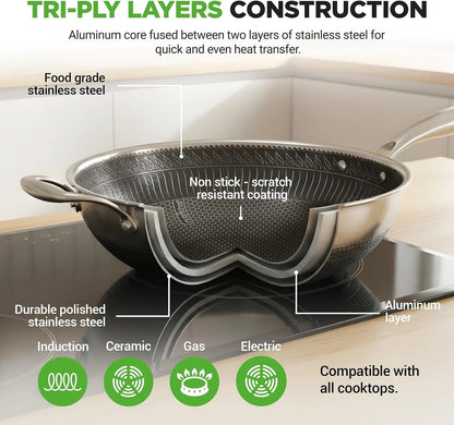 12" Stainless Steel Durable Wok - Triply Kitchenware Wok with Glass Lid, Side Handle - DAKIN Etching Non-Stick Coating, Scratch-Resistant Raised-Up Honeycomb Fire Textured Pattern7