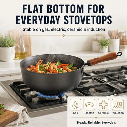 4 Qt Nitrided Carbon Steel Deep Wok with Lid, Flat Bottom | Deep 4 Qt Nitrided Steel for Braising, Soups, Noodles and One-Pot Meals; Wooden Handle; Gas, Electric and Induction Ready.6