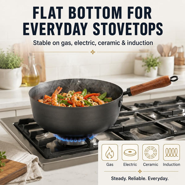 4 Qt Nitrided Carbon Steel Deep Wok with Lid, Flat Bottom | Deep 4 Qt Nitrided Steel for Braising, Soups, Noodles and One-Pot Meals; Wooden Handle; Gas, Electric and Induction Ready.6