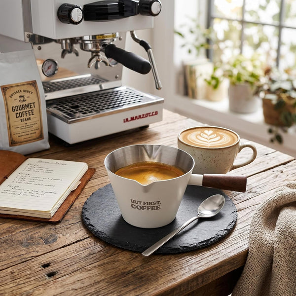 Espresso Measuring Cup with Handle, DV 6.8Oz/200Ml Stainless Steel Espresso Cups with Walnut Wood Handle & Double Spouts, Cream White Coffee Measuring Cup5