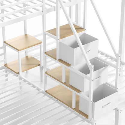 Twin Triple Bunk Bed with Storage Shelves and Storage Stairs, 3 Bunk Bed for Kids, Adults（Heavy Metal, White）9