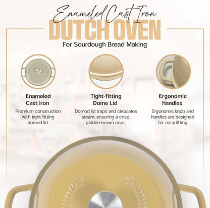 Enameled Cast Iron Dutch Oven Pot with Lid - Dutch Oven for Sourdough Bread Baking - with 5 Blade Bread Lame & Non-Stick Silicone Sling Perfect for Sourdough Breads & More. Cast Iton Enamel Braiser Pan with Lid (WHITE, 6 Quart Sourdough Pot)4
