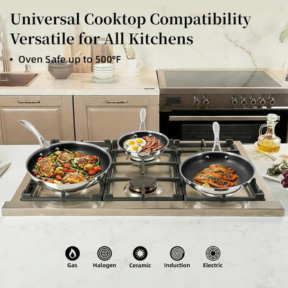 5Pc Hybrid Nonstick Frying Pans Set with Lids, 8, 10 & 12" Pans | Ceramic Nonstick,Stay-Cool Handle, Dishwasher Oven Safe, for All Stovetops Induction for Home Daily Cooking (Black)9