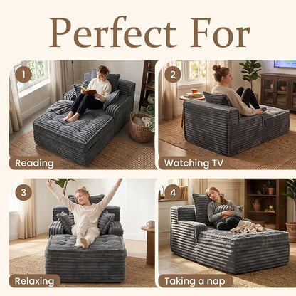 Boneless Chaise Lounge Couch Indoor, Small Corduroy Upholstered Sleeper Sofa Bed Reading Chairs with 3 Pillows, Fluffy Comfy Cloud Sofas Couches, Compression Boneless Sofa for Small Corner3