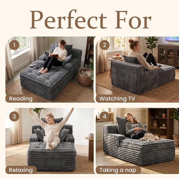 Boneless Chaise Lounge Couch Indoor, Small Corduroy Upholstered Sleeper Sofa Bed Reading Chairs with 3 Pillows, Fluffy Comfy Cloud Sofas Couches, Compression Boneless Sofa for Small Corner3