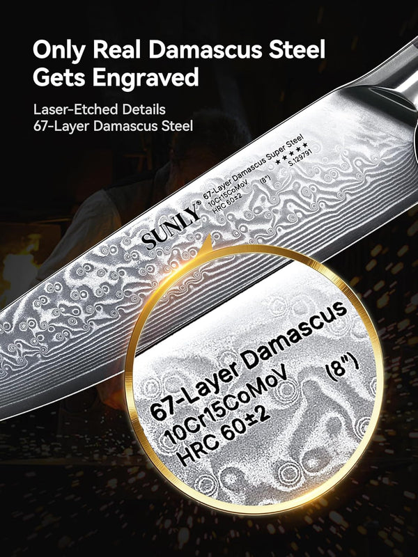 Damascus Chef Knife 8-Inch, Professional Kitchen Knife with Ultra-Sharp 15° Edge, Vg-10-Type (10Cr15Comov) Core, 67-Layer Steel, 60±2 HRC, Ergonomic Wood Handle3