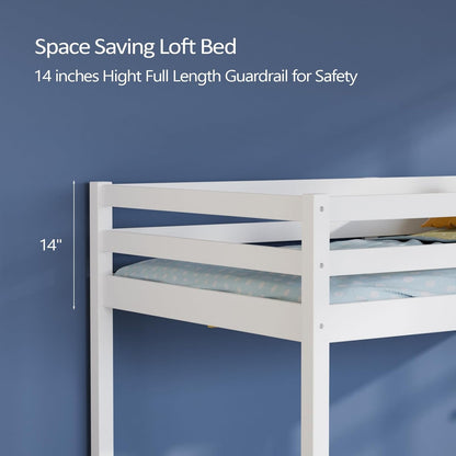 Junior Low Loft Bed with Stairs, White Wood Loft Bed Full Size for Adults, Kids and Young Teens, No Box Spring Required,Wood Slat Support8
