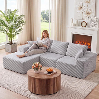 110" Boneless Cloud Sectional Couch for Living Room, L Shaped 3 Seater Modular Corduroy Sofa with Chaise, Deep Seated Oversized Boneless Couches, Compressed Sofa in a Box, No Assembly, Grey7