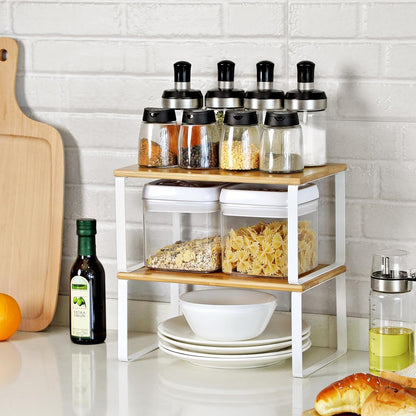SONGMICS Cabinet Organizer Shelf, Set of 4 Spice Rack, Kitchen Storage | Kitchen Storage, Spice Rack, Steel and Bamboo, White and Yellow, BYSTRO Collection UKCS010N019