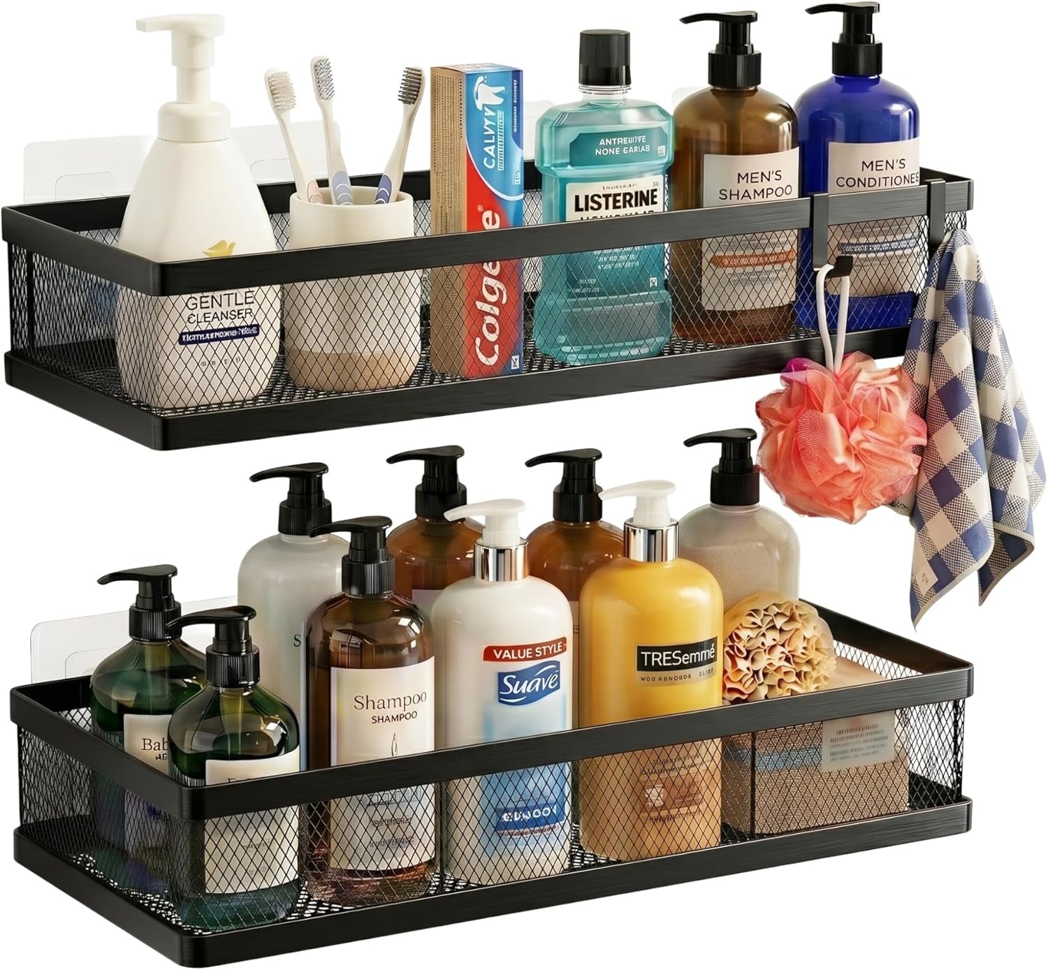 mesh-shower-caddy-wall-mount-heavy-duty-adhesive-bathroom-shelf-organizer-rustproof-floating-spice-rack-for-kitchen-pantry-holds-50-lbs-multi-purpose-storage-black-2-packs-netting