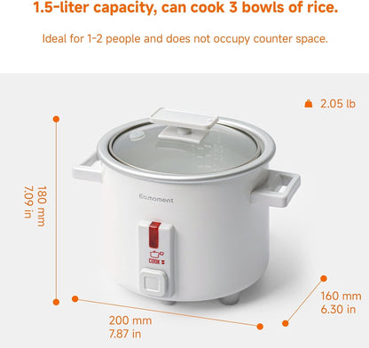 Small Rice Cooker White 1.5 Quart Mini Non-Stick Coated Insert Food Steamer and Dishwasher-Safe Glass Lid and Pot, White2