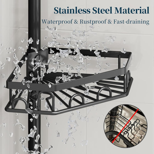 Shower Caddy Tension Pole - 4 Tier Corner Shower Shelves with Brush & Soap Holder, 304 Stainless Steel Rustproof Adjustable Organizer Rack for Bathtub, Bathroom, 27.6-108.3 Inch, Black4