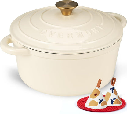 Enameled Cast Iron Dutch Oven - 7QT Pot with Lid Cookbook & Cotton Potholders - Heavy-Duty Cookware for Braising, Stews, Roasting, Sourdough Baking Cream White1