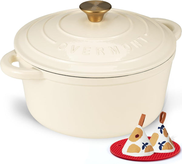 Enameled Cast Iron Dutch Oven - 7QT Pot with Lid Cookbook & Cotton Potholders - Heavy-Duty Cookware for Braising, Stews, Roasting, Sourdough Baking Cream White1