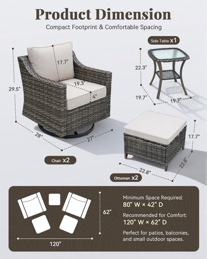 Patio Furniture Set 5 Pieces Luxury Outdoor Swivel Rocker Chairs and Ottomans, Easy Assembly Conversation Set for Porch Deck Balcony Yard in Gray Wicker and Beige Cushions2