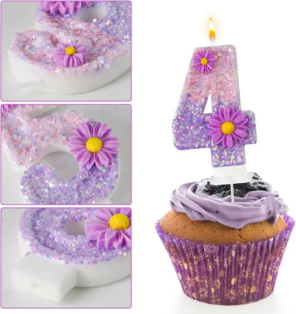 Purple Flower Birthday Candles,Number 4 Birthday Candles for Cake,Suitable for Cartoon Birthday Parties Cake Decor, Wedding Anniversary and Other Celebrations Supplies (4 Candle)3