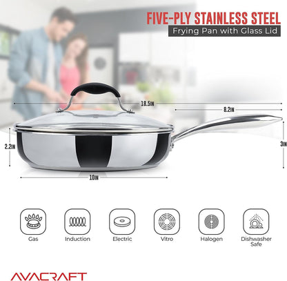 10 Inch 18/10 Stainless Steel Frying Pan with Lid | 18/10 Stainless Steel, 5-Layer Capsule Base, Tempered Glass Lid, Drip-Free Pour Spouts, Induction Compatible, Dishwasher Safe2