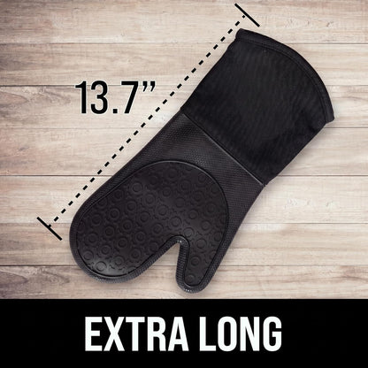 Bpa-Free Silicone Oven Mitts Ultra Heat Resistant up to 500°F - Oven Mitts with Thick Cotton Liner - Long Slip Resistant Pot Holders, Flexible Oven Gloves - Black 13.7"3