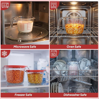 6 Pcs Glass Measuring Cups with Lids Set,(1-Cup, 2-Cup, 4-Cup) Measuring Cups for Prepping, Baking and Cooking, Preheated Oven, Dishwasher, Freezer, and Microwave Safe, Heat-Resistant3