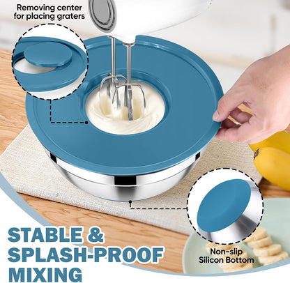 25PCS Mixing Bowls with Lid Set, Stainless Steel Nesting Prep Bowls with Grater Attachments Non-Slip Bottoms for Cooking, Baking, Serving, Food Storage, 4.6/2.6/2/1.5/1/0.7QT - Blue4