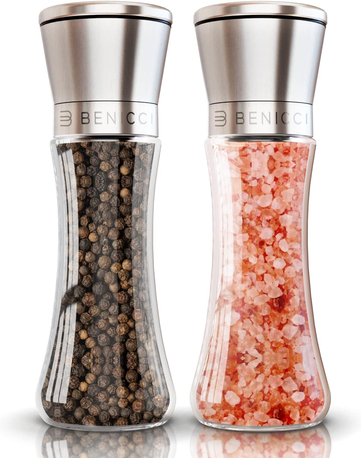 manual-salt-and-pepper-grinder-set-of-2-refillable-stainless-steel-mills-adjustable-coarse-to-fine-ceramic-burr-easy-clean-wide-mouth-design-includes-silicone-funnel-plus-cleaning-brush-no-mess