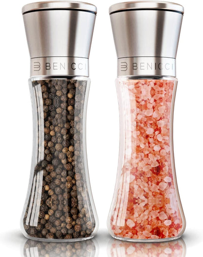 Manual Salt and Pepper Grinder Set of 2, Refillable Stainless Steel Mills | Adjustable Coarse to Fine Ceramic Burr, Easy Clean Wide Mouth Design, Includes Silicone Funnel plus Cleaning Brush, No Mess1
