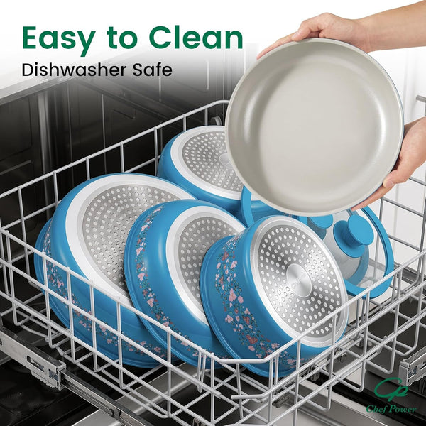 Ceramic Cookware Set Non Toxic with Detachable Handles, Healthy Nonstick Decal Pans and Pots Set 14 Pcs, Induction Dishwasher Oven Safe Kitchen Set, Turquoise with Bougainvillea5