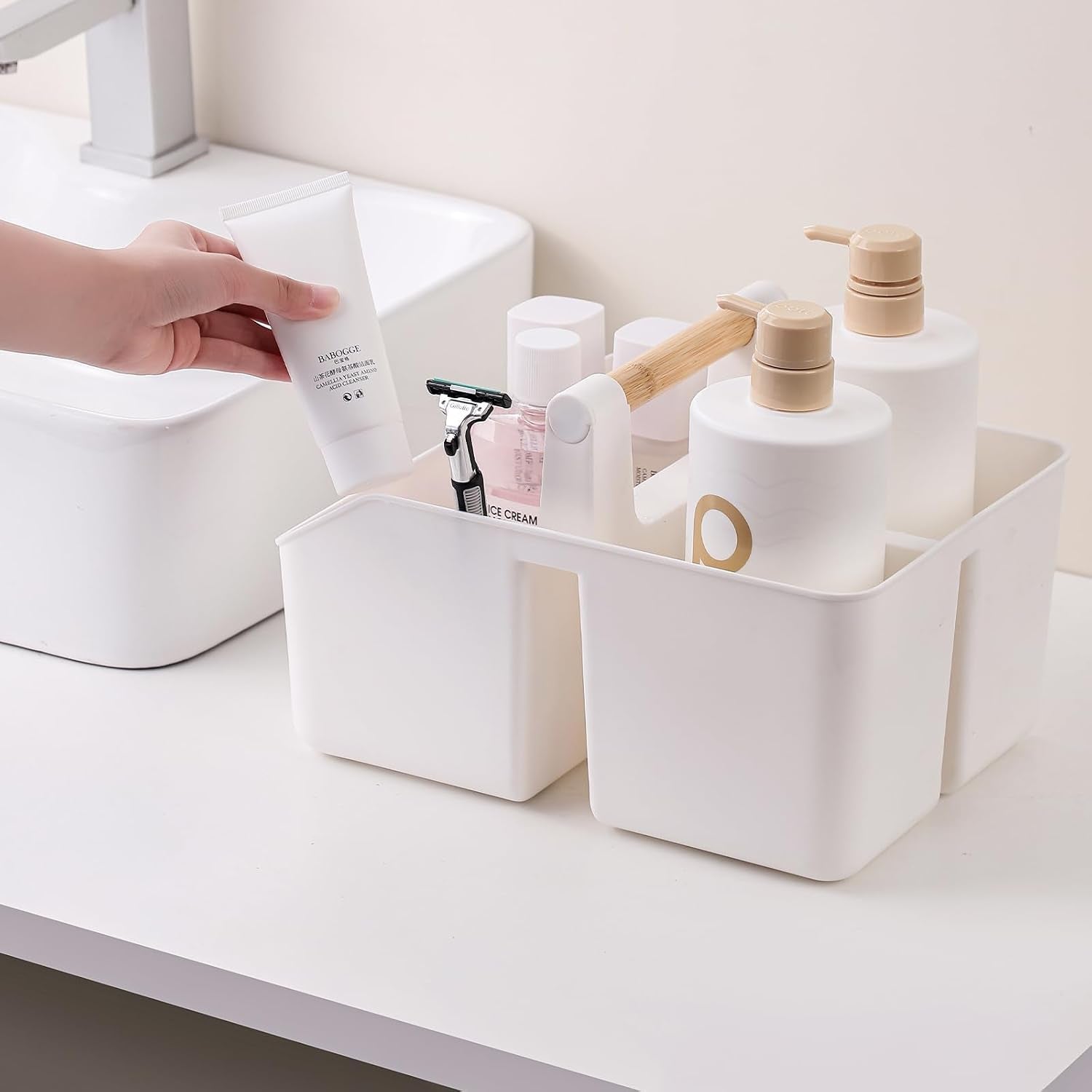plastic-shower-caddy-portable-basket-with-bamboo-handle-white