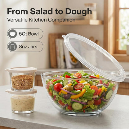 Large Glass Bowl for Sourdough Bread Making with Lid, 5Quart Deep Big Glass Bowl Large Salad Bowl with 8Oz Small Bowls (Clear)2