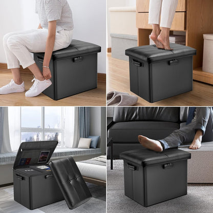 Storage Ottoman with Lock,Fireproof Folding Ottoman Foot Rest Stool Storage Chest with Storage Safe for Important Documents,Waterproof 17 Inches Short Ottoman Foot Stool with Handles,Black4