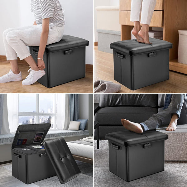 Storage Ottoman with Lock,Fireproof Folding Ottoman Foot Rest Stool Storage Chest with Storage Safe for Important Documents,Waterproof 17 Inches Short Ottoman Foot Stool with Handles,Black4